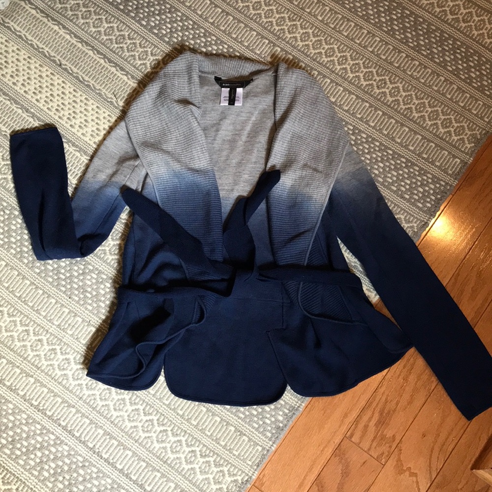 BCBG Maxazria heathered gray navy sweater jacket